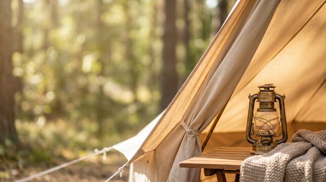 Cozy Glamping Tent Setup in Forest with Vintage Lantern and Blanket for Outdoor Travel Lifestyle Photography