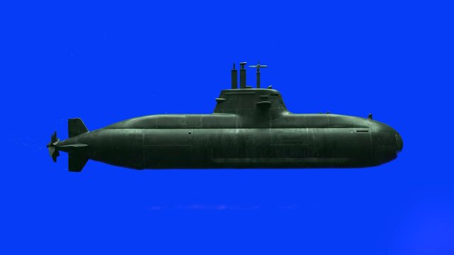 A detailed military submarine moves horizontally across a vibrant blue background. This isolated 3D model is perfect for maritime defense, naval warfare, and military technology presentations.