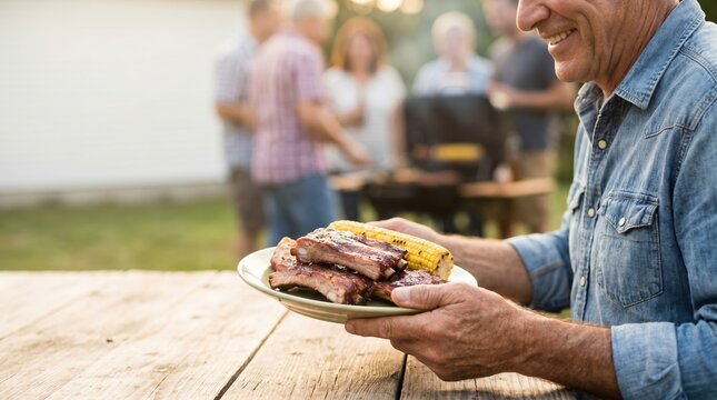 Senior man holding plate of grilled barbecue ribs and corn at outdoor summer backyard party with friends