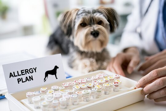 Veterinarian organizing dog allergy immunotherapy vials with small dog in background