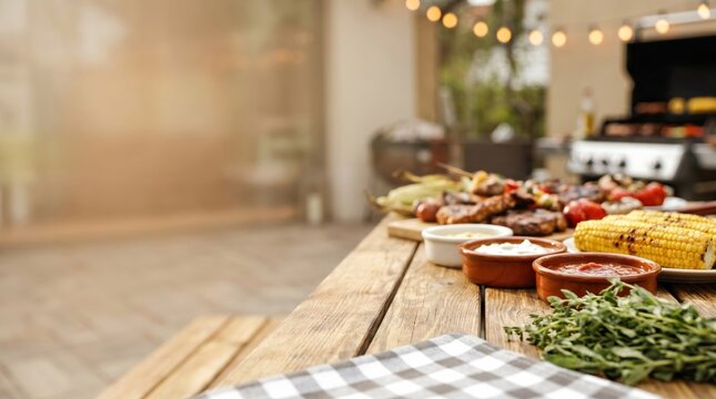 Backyard Barbecue Dinner Setup with Grilled Corn and Meat on Wooden Table for Summer Outdoor Party Celebration