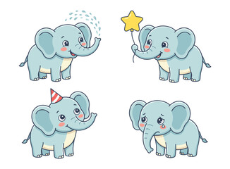 Naklejka premium Cute cartoon elephant character set featuring playful activities and various sad emotions