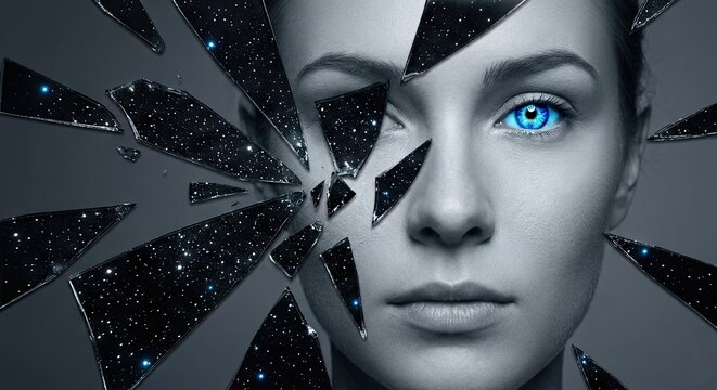 A person with a piercing blue eye behind a shattered glass surface that reflects a starry nebula