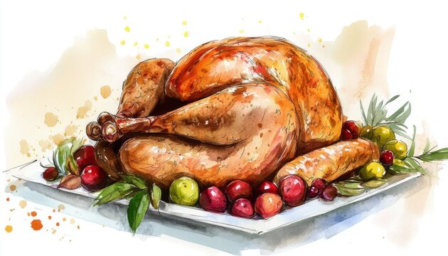 Roasted turkey served with colorful fruits and herbs on a festive platter for a delightful holiday meal