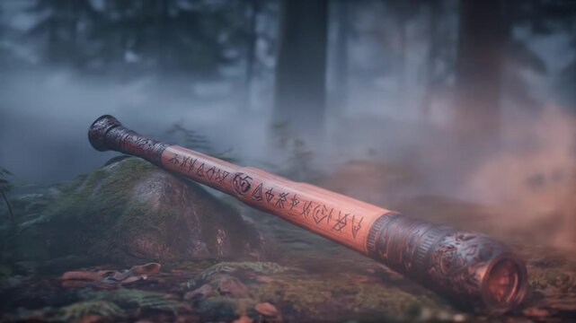 Ancient wooden spyglass with runic carvings resting on mossy forest floor in a mysterious, foggy woodland setting.