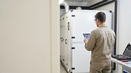 Fototapeta premium Male HVAC Technician Using Digital Tablet to Inspect Industrial Air Handling Unit in Mechanical Room