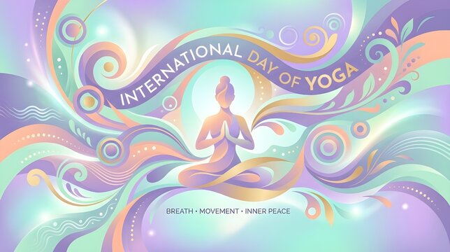 International Day of Yoga Abstract Gradient Illustration with Flowing Shapes, Meditation Silhouette and Modern Typography