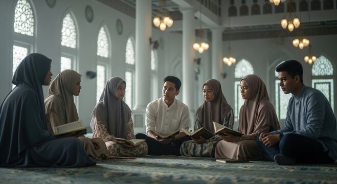Group of Young Muslim People Studying Quran Together in a Mosque.