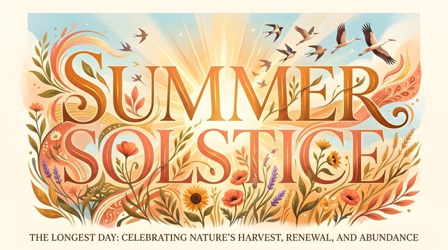 Editorial Summer Solstice Typography Illustration with Symbolic Nature Elements and Magazine Style Design