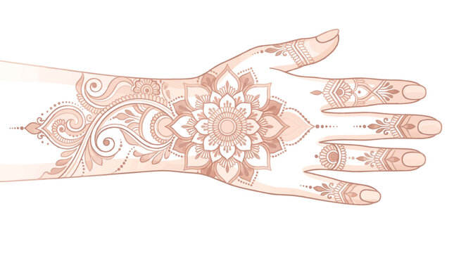 Illustration of detailed henna tattoo design on a hand with ornate patterns and motifs