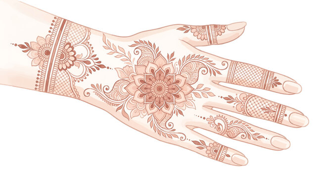 Illustration of detailed henna tattoo design on a hand with ornate patterns and motifs