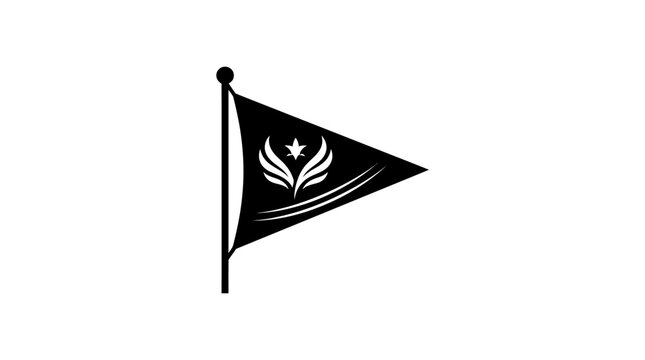Black triangular nautical flag with floral emblem design.