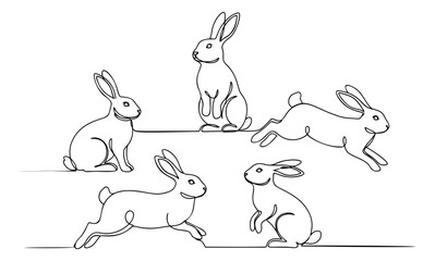 Obraz premium Line art set of 5 rabbits featuring sitting, running and jumping poses for Easter and nature design