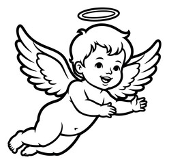 Obraz premium Cartoon illustration of a cute baby cherub depicting a smiling flying angel with halo and wings for religious and holiday design