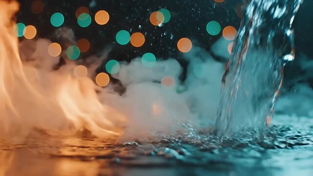 Intense orange flame flickers on a slick reflective surface beside splashing water and glowing bokeh orbs