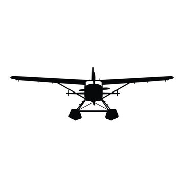A silhouette of a floatplane is shown against a white background, viewed from the front.