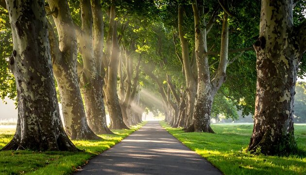 Sunlit Tree Lined Path Stretching Through Lush Green Park