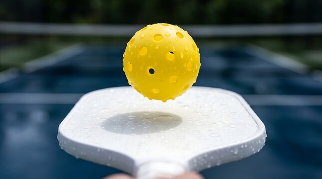 Yellow pickleball with water droplets over a white paddle on court