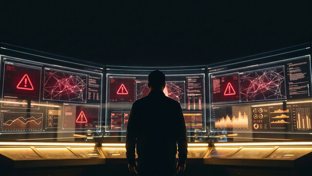 Security operations center silhouette analyst monitoring glowing threat warning dashboards innovation vision Perfect for advertising presentation corporate strategy background