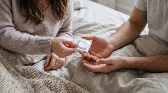 Close-up of a woman's hand giving a wrapped condom to a man while sitting on a cozy bed, safe sex, contraception and sex education concept