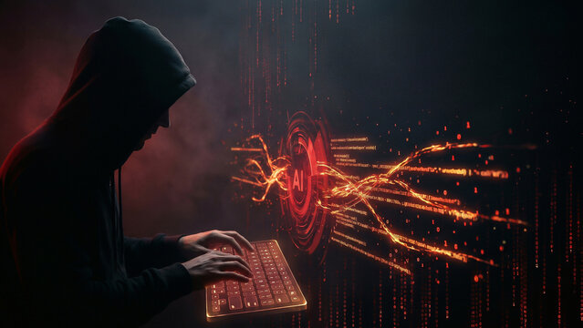 Hooded silhouette typing AI cyber attack profile view with radiant code streams binary innovation Perfect for advertising presentation corporate strategy background
