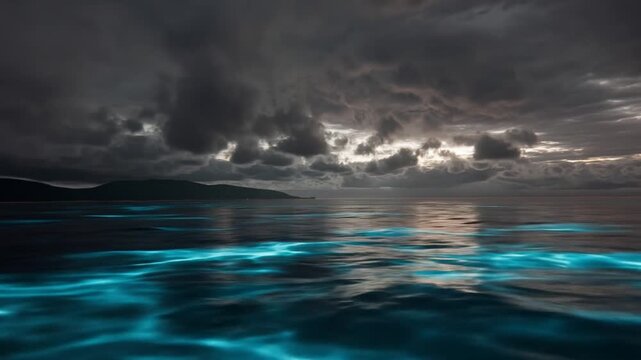 Vibrant bioluminescent plankton glows in dark ocean water under a dramatic stormy sky at twilight, creating a mysterious natural spectacle.