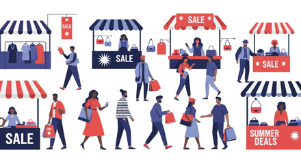 Shopping market stalls with diverse people buying goods and summer deals advertised © intania