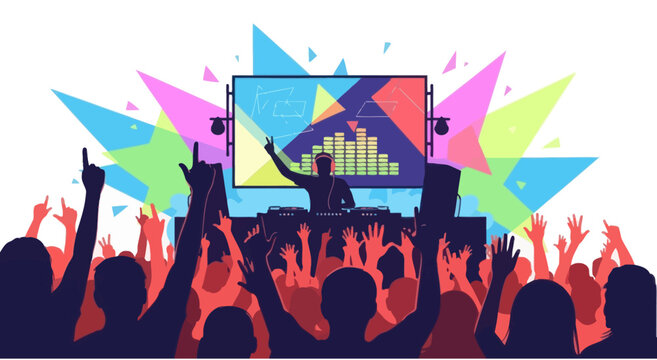 DJ performing for a crowd at a vibrant music festival with abstract shapes and equalizer display
