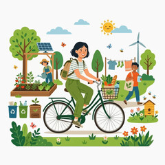 Naklejka premium Sustainable Lifestyle People Cycling Gardening and Using Renewable Energy
