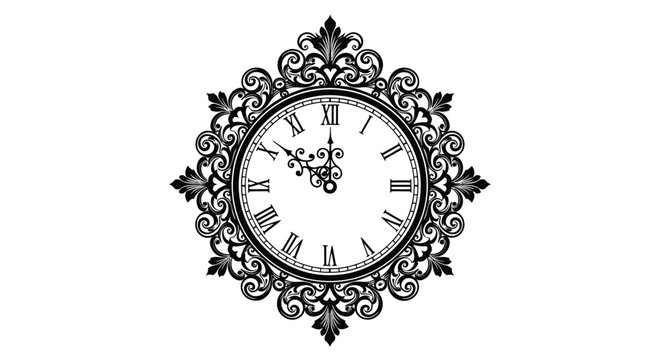 Elegant Vintage Ornate Clock Face with Roman Numerals and Decorative Filigree Frame - Time Illustration