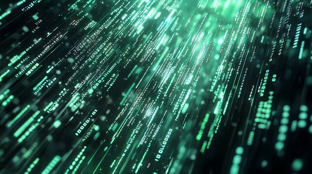3d render of cybersecurity concept featuring binary code rain on a abstract data stream...