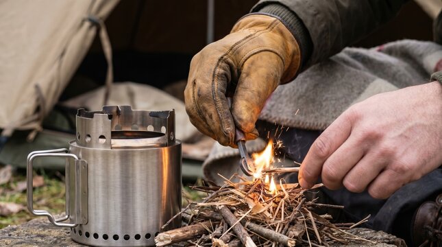 Bushcraft survival expert lighting a campfire with a ferro rod and portable stove in the wilderness