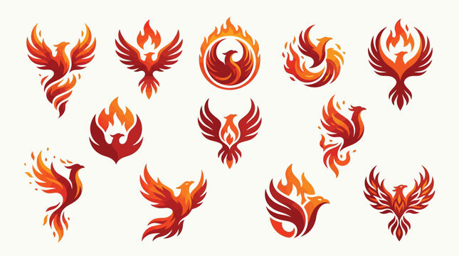 Collection of stylized phoenix bird logos and icons in fiery red and orange colors, symbolizing rebirth and strength.