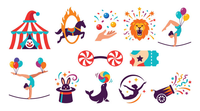 Collection of colorful circus icons and illustrations, including a tent, acrobats, animals, and performers.