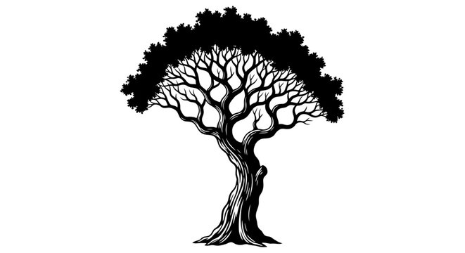 Black and white stylized tree illustration. Intricate branches, lush foliage, gnarled trunk. Nature, growth, organic design element.