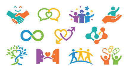 Fototapeta premium Collection of colorful icons representing connection, community, and relationships.
