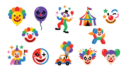 Obraz premium Collection of colorful clown faces, circus tent, balloons, and juggling performer.