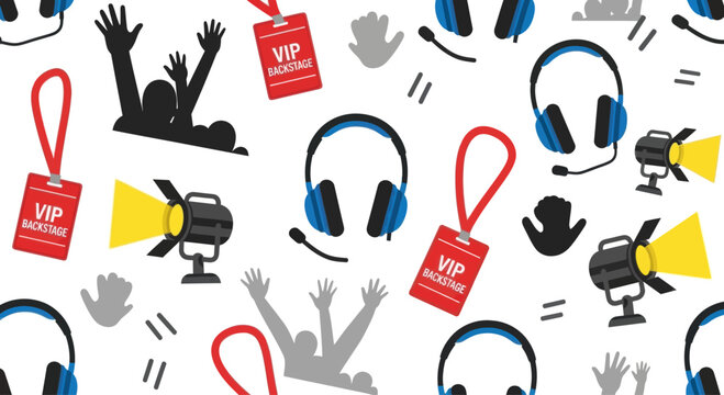 Concert backstage pattern: VIP passes, spotlights, headphones, cheering crowd silhouette