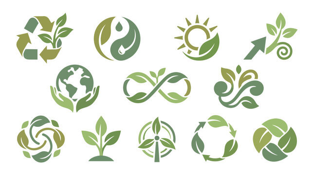Collection of eco-friendly symbols and icons representing nature, sustainability, and environmental protection.