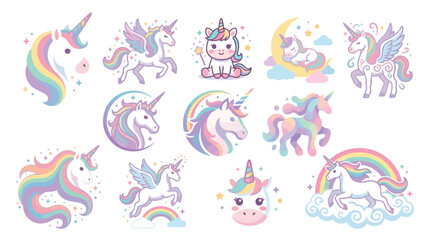 Collection of adorable pastel unicorns with rainbow manes and wings, perfect for fantasy and magical themes. © tr