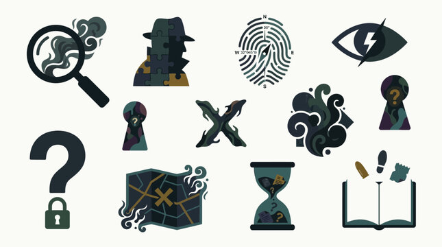 Collection of icons representing mystery, investigation, and secrets, including a magnifying glass, detective, fingerprint, eye, question mark, keyhole, map, hourglass, and book.