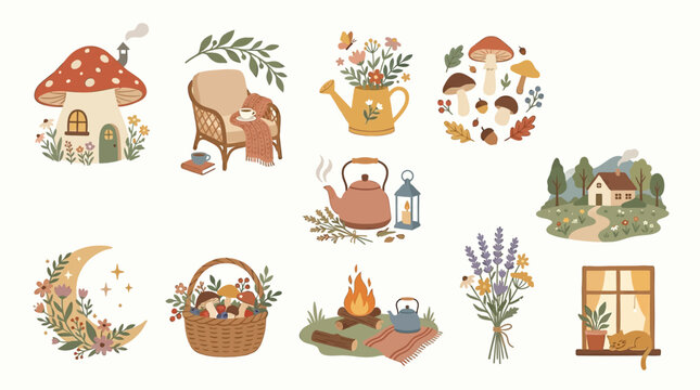 Charming Autumn and Woodland Illustrations with Cozy Elements and Nature Motifs.