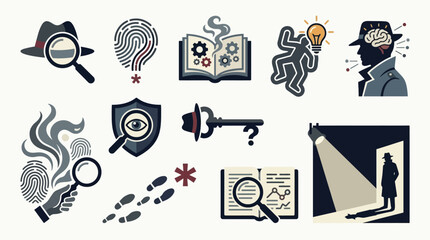 Collection of detective and investigation icons, symbolizing mystery, crime, and problem-solving. © tr