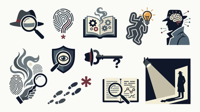 Collection of detective and investigation icons, symbolizing mystery, crime, and problem-solving.