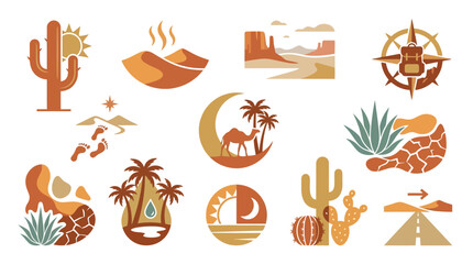 Obraz premium Collection of desert landscape icons and symbols, including cacti, dunes, camels, and compass.