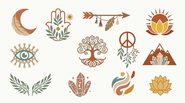 Bohemian and spiritual symbols collection, including moon, hamsa hand, evil eye, tree of life, peace sign, lotus, and crystals.