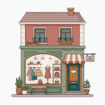 Charming Boutique Storefront with Clothing Display and Outdoor Seating