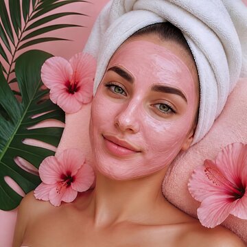 A woman with a pink facial mask wrapped in a towel surrounded by hibiscus flowers