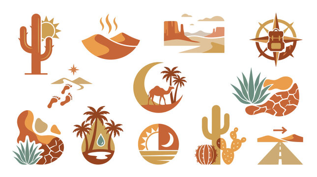Collection of desert landscape icons and symbols, including cacti, dunes, camels, and compass.