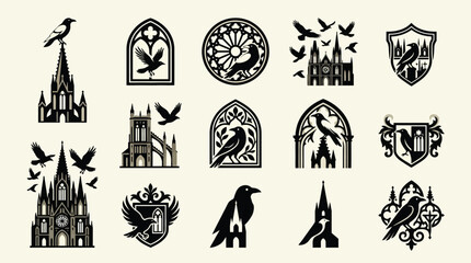 Collection of Gothic architectural elements and raven motifs, symbolizing mystery and dark aesthetics. © tr